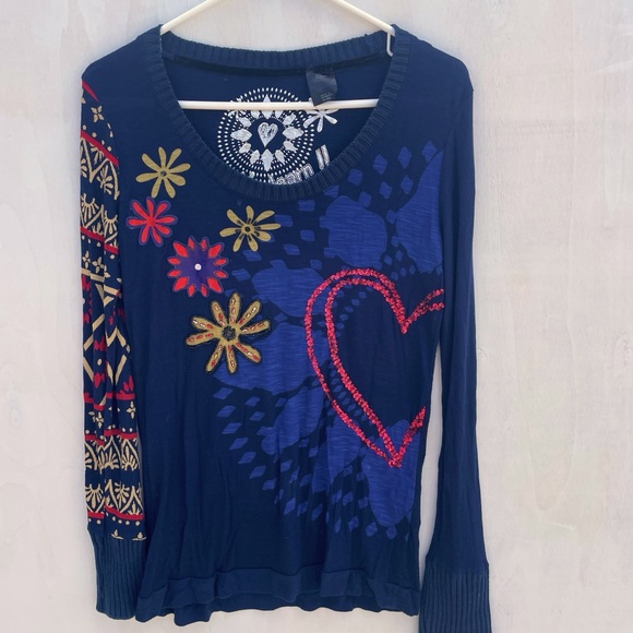 DESIGUAL Women’s Graphic Top Long Sleeve Blue Floral Viscose - SZ M - Picture 1 of 16